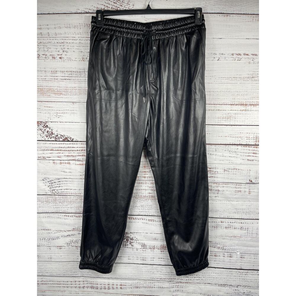 $198 NOLI Pants Women's Size XL Black Faux Leather Jogger Stretch Elastic Waist - Picture 1 of 8